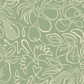 Pears and birds beige on light green continuous line contour - 2 in