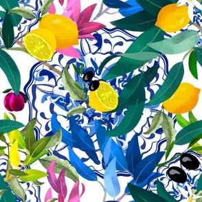 Summer,citrus,olives,plums ,Mediterranean style,lemon fruit pattern 