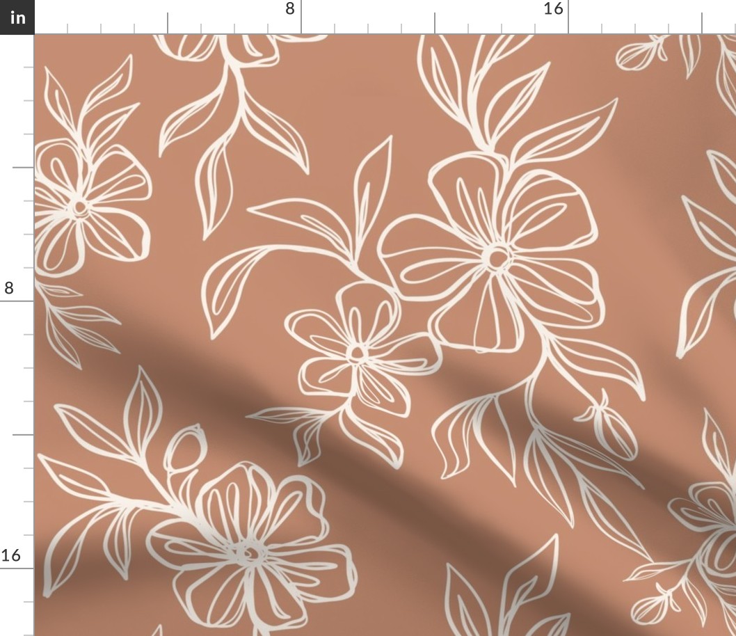 Continuous Contour Floral Line Drawing - Sienna - large scale