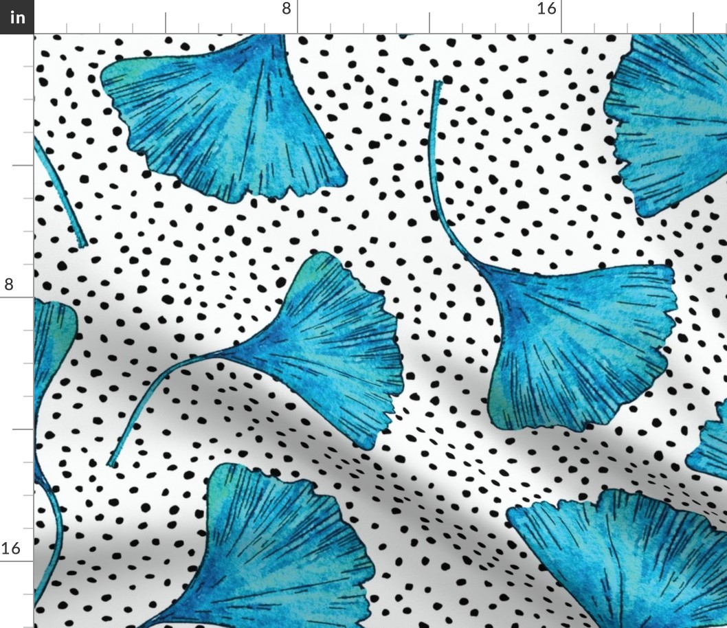 Watercolor Ginkgo Biloba Leaves in Teal Blue / Large Scale