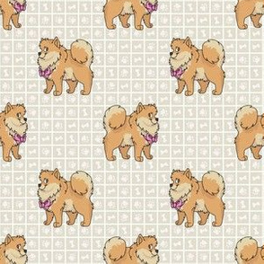  Hand drawn cute pomeranian breed dog with pink bow seamless pattern.