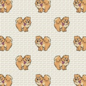  Hand drawn cute pomeranian breed dog with pink bow seamless pattern. 