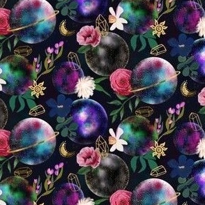 Floral Galaxy Planets Crystals on Navy