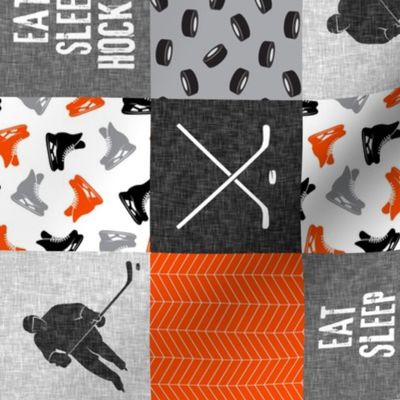 (3" scale) Eat Sleep Hockey - Ice Hockey Patchwork - Wholecloth orange black grey - LAD19 (90) C20BS