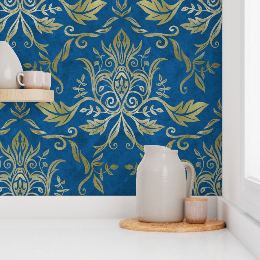 golden damask - blue - large scale