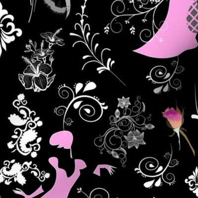 Sophisticated Lady Damask - pink on black, large 