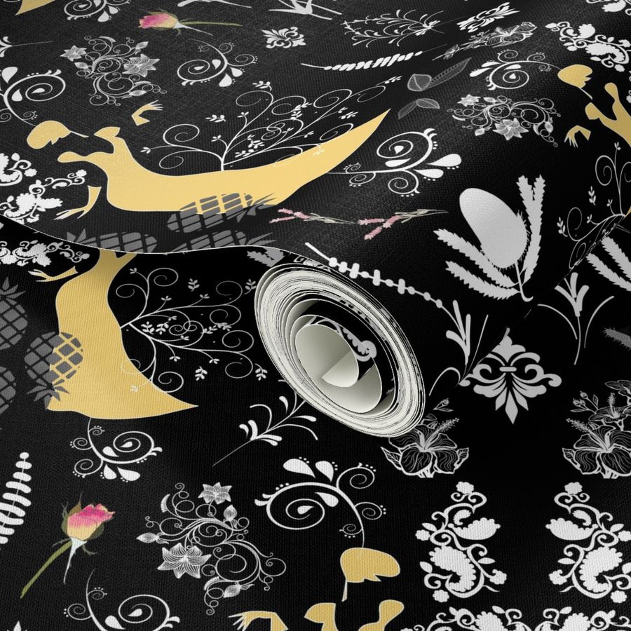 Sophisticated Lady Damask - mustard on black, large 