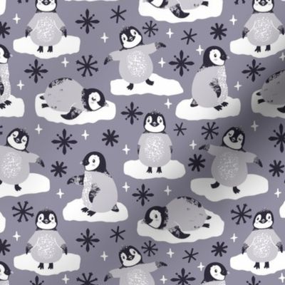 Cute penguins. Gray background