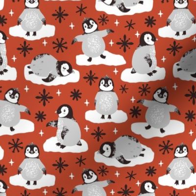 Cute penguins. Red background