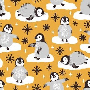 Cute penguins. Yellow background