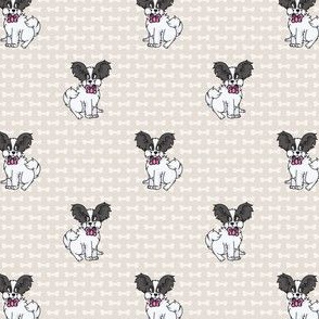  Hand drawn cute papillon dog with pink bow seamless pattern. 