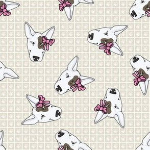  Hand drawn cute bull terrier dog with pink bow seamless pattern.