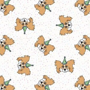 Hand drawn cute papillon dog face with party hat seamless pattern. 