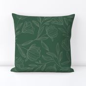 Large Sketched Flowers Green on Green