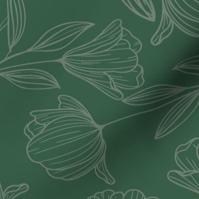 Large Sketched Flowers Green on Green