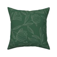 Large Sketched Flowers Green on Green