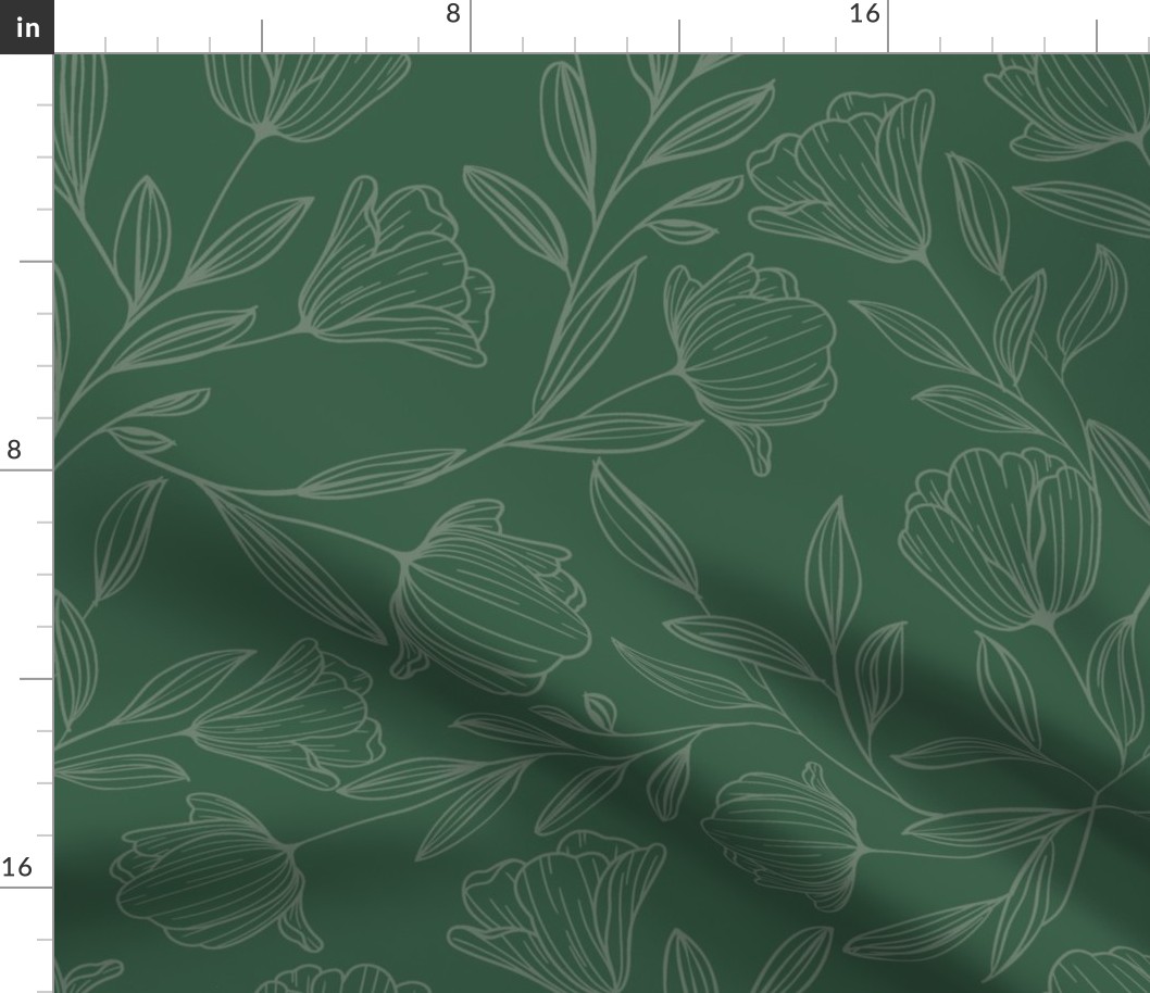 Large Sketched Flowers Green on Green