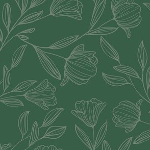 Medium Sketched Flowers Green on Green