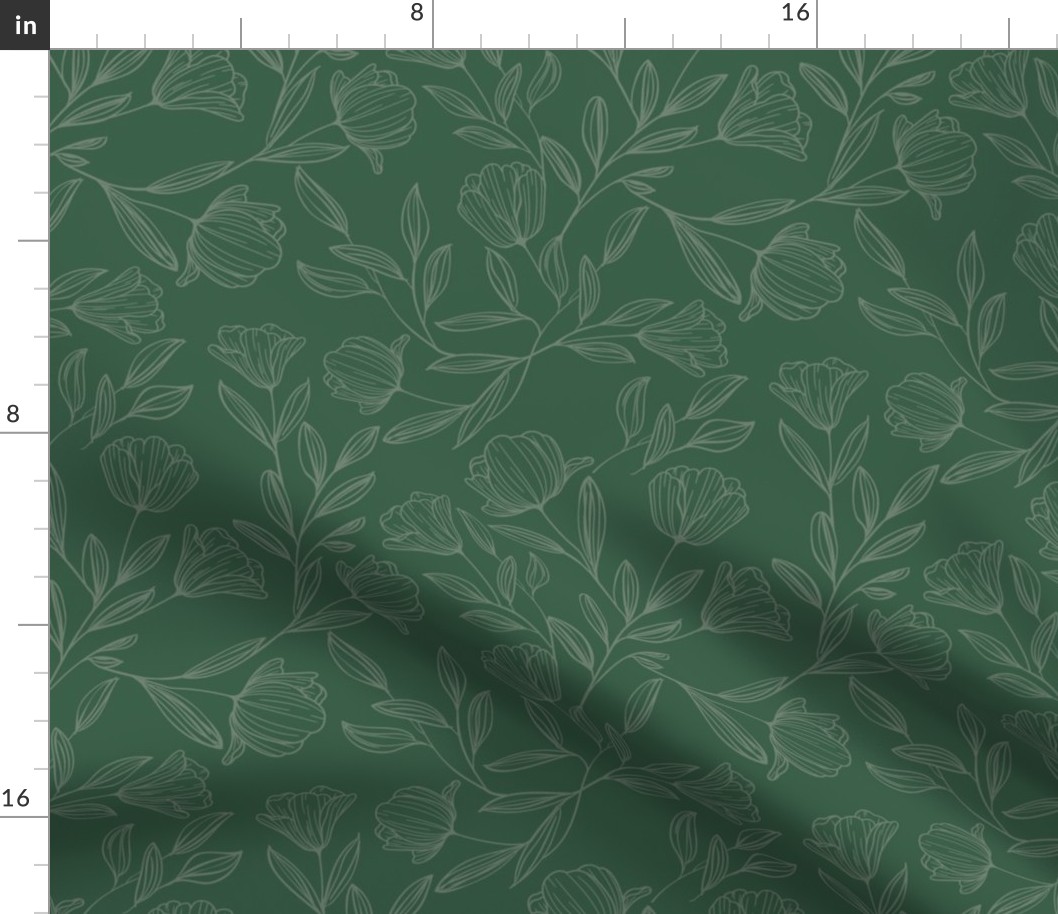 Medium Sketched Flowers Green on Green