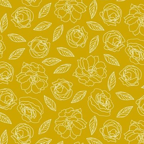 Roses and peonies line art on mustard