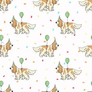  Hand drawn cute cocker spaniel dog face with party hat breed seamless pattern.
