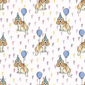 Hand drawn cute cocker spaniel dog with party hat breed seamless pattern. 