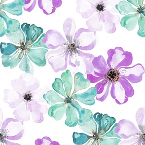 Bold big scale watercolor flowers in mint, teal and purple from Anines Atelier. Use the design for bedroom  walls and interior