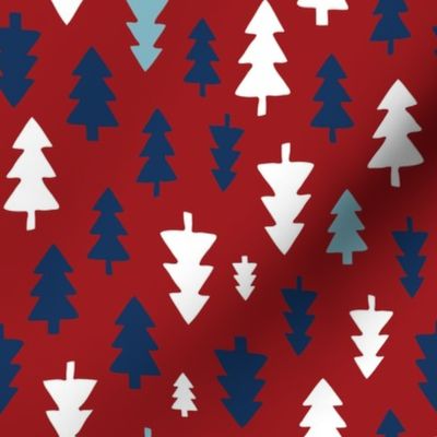 Christmas Trees - white, navy and ice blue on deep red
