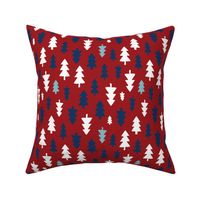 Christmas Trees - white, navy and ice blue on deep red