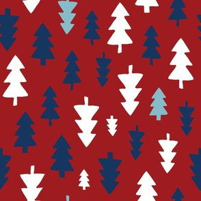 Christmas Trees - white, navy and ice blue on deep red