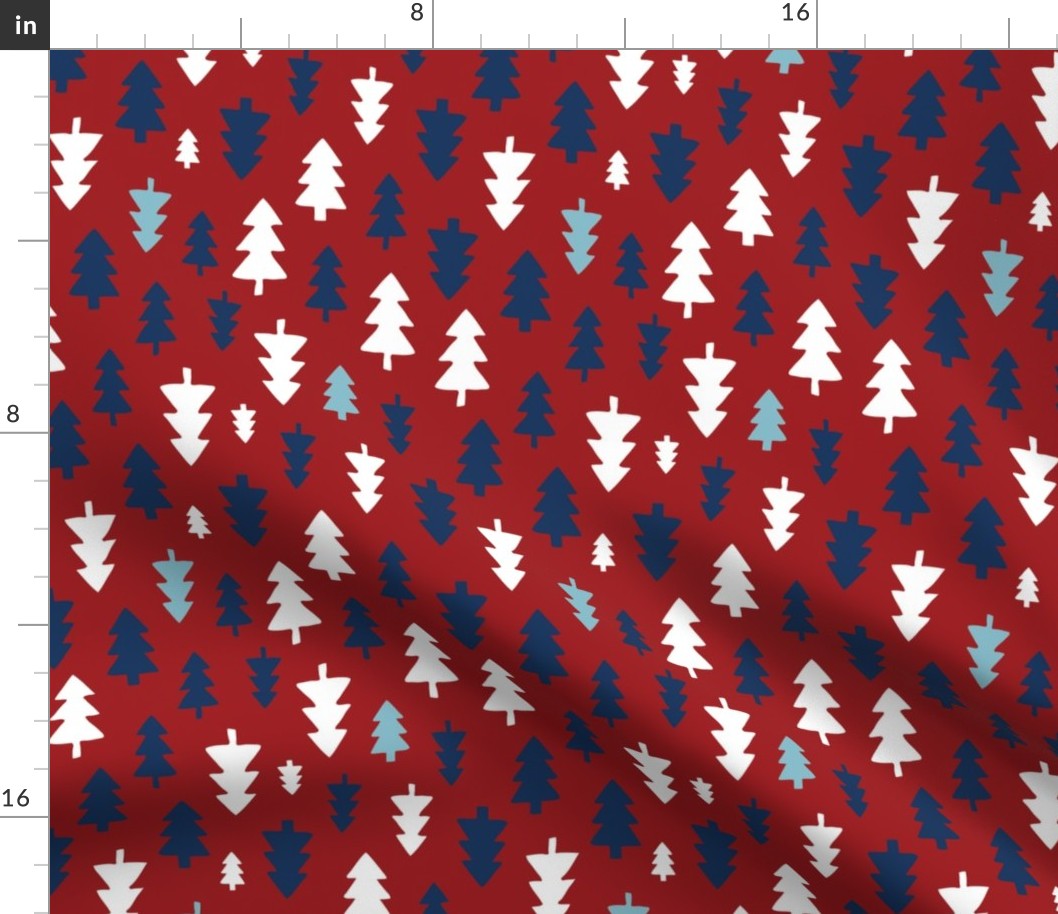 Christmas Trees - white, navy and ice blue on deep red