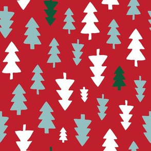 Christmas Trees - ice blue, white and green on deep red