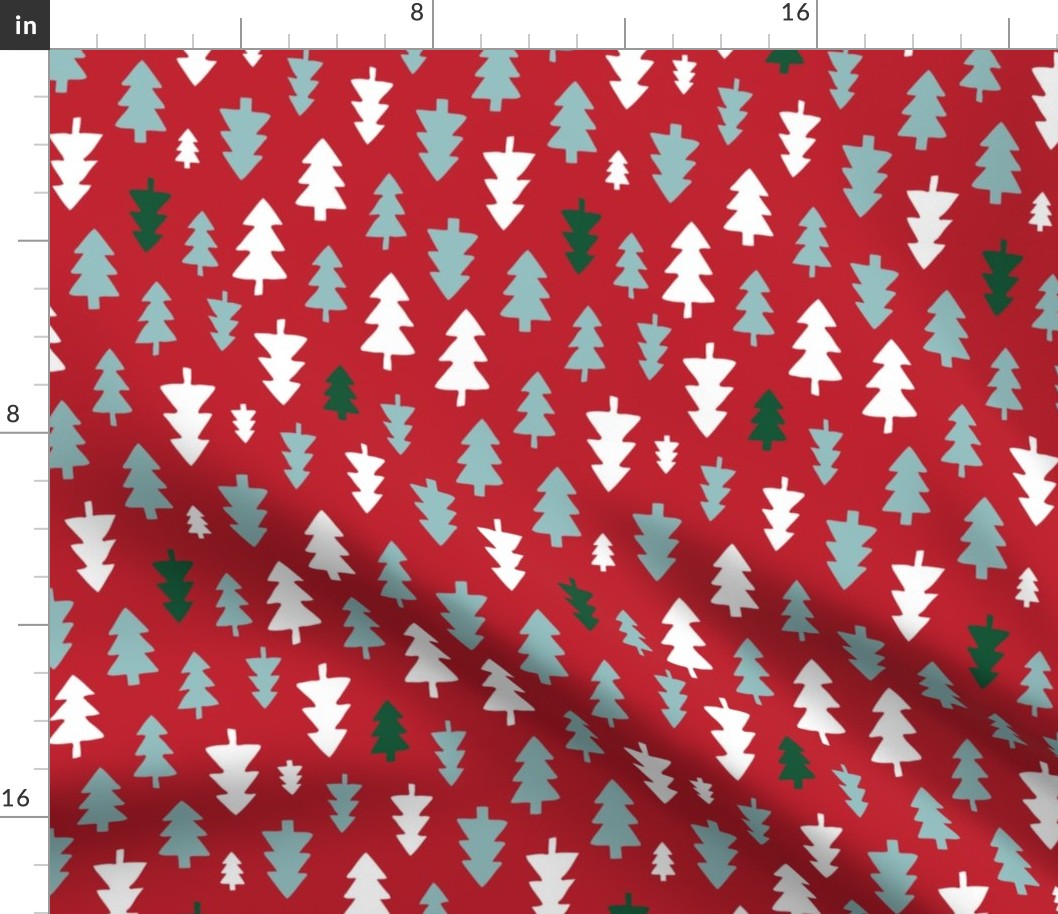 Christmas Trees - ice blue, white and green on deep red