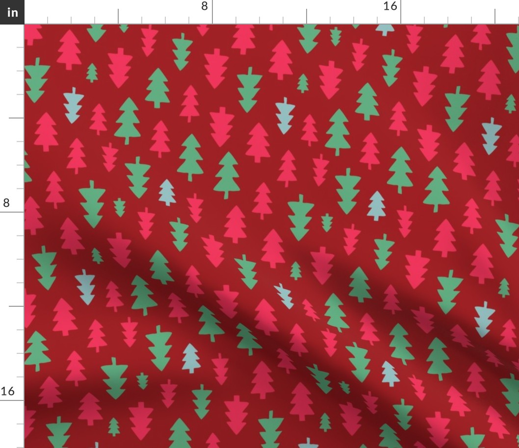 Christmas Trees - red, mint and ice blue on deep red