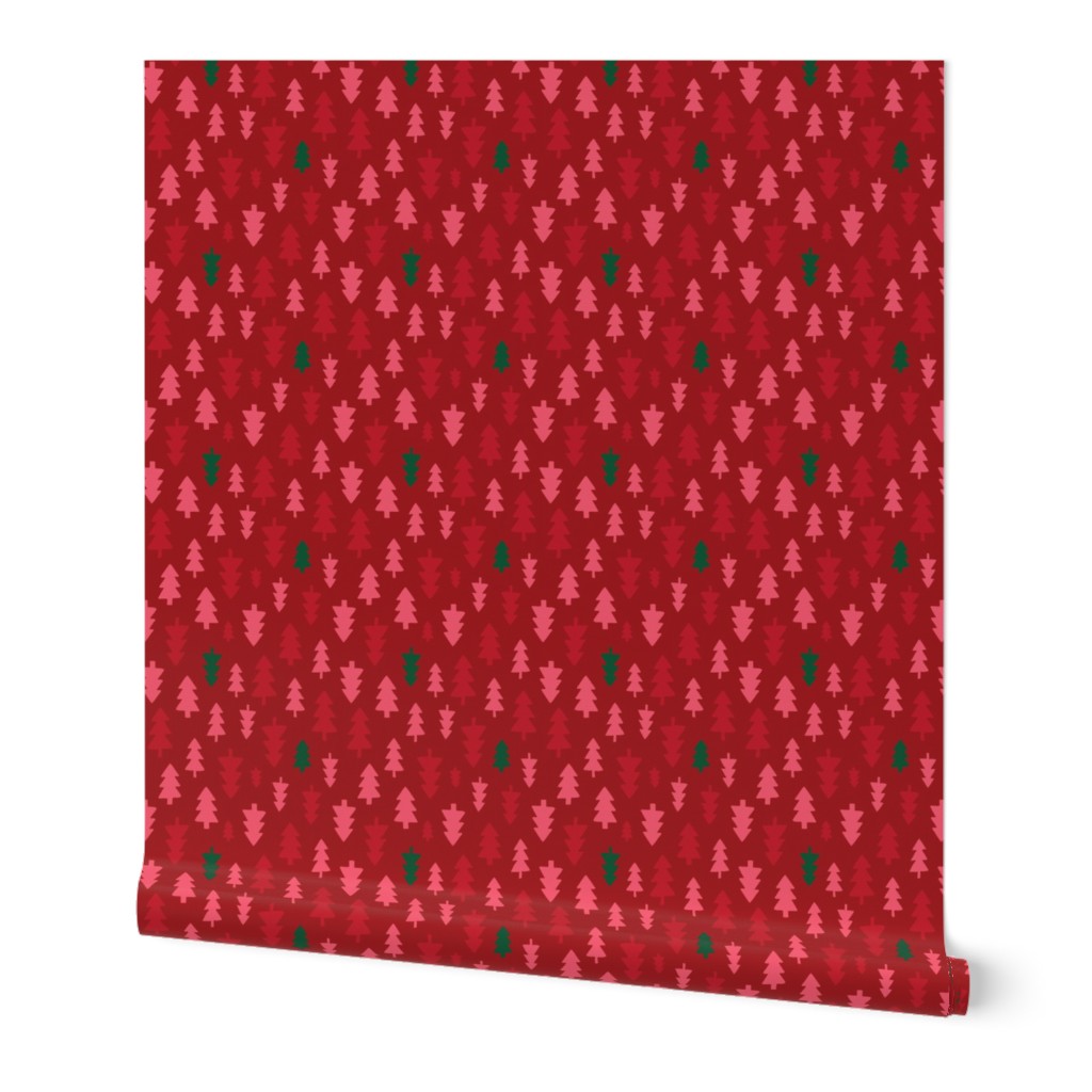 Christmas Trees - Pink, red and pine on deep red - large scale