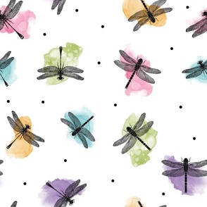 Dragonflies and Dots on Rainbow Watercolor