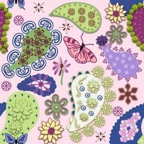 Violet & Green Paisleys on Pink - Small, Mirrored