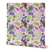 Violet & Green Paisleys on Pink - Large Scale