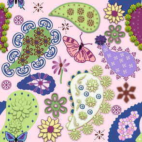 Violet & Green Paisleys on Pink - Large Scale