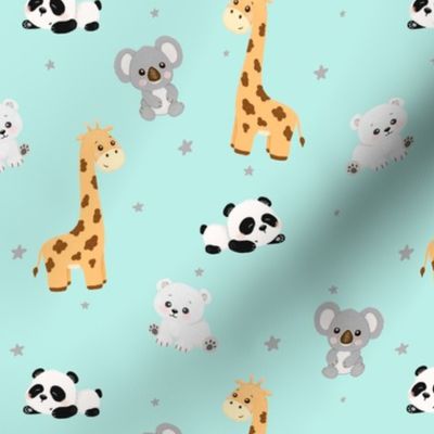     cute animals, panda, giraffe, koala, polar bear blue
