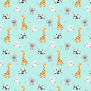     cute animals, panda, giraffe, koala, polar bear blue