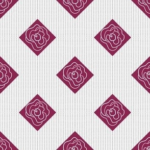 Medium - Line Drawing of Rose on Knit Stitch Trellis - Cranberry and White