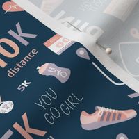 Sporty 10k runners design water bottle trainers track and heart rate illustrations typography design navy peach purple