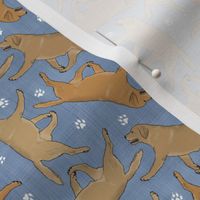 Tiny Trotting yellow Labrador Retrievers and paw prints - faux denim