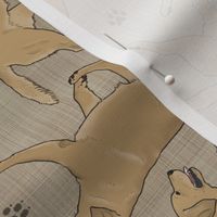 Trotting yellow Labrador Retrievers and paw prints - faux linen