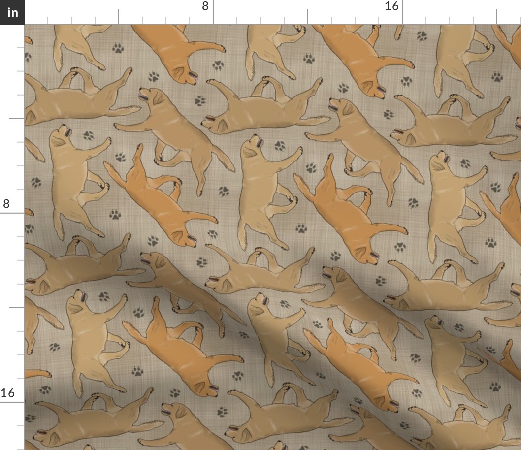 Trotting yellow Labrador Retrievers and paw prints - faux linen