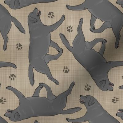 Trotting black Labrador Retrievers and paw prints - faux linen