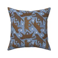 Trotting chocolate Labrador Retrievers and paw prints - faux denim