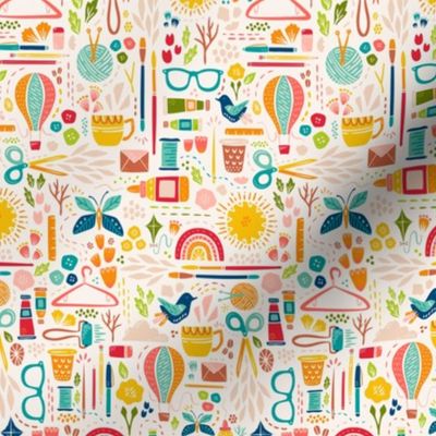 Small Scale Create Joy // Happy Maker Fabric // © ZirkusDesign // Art, Sewing, Quilting, Crafting, Knitting, Sunshine, Butterfly, Rainbow, Coffee, Printmaking, Hot Air Balloon, Floral, Bird