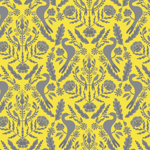 Damask two birds - yellow - small